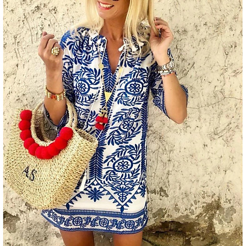 

Women's Blue Dress Loose Geometic V Neck M L Loose