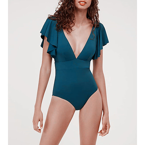 

Women's Basic Blue Halter Briefs One-piece Swimwear Swimsuit - Solid Colored Backless Ruffle S M L Blue