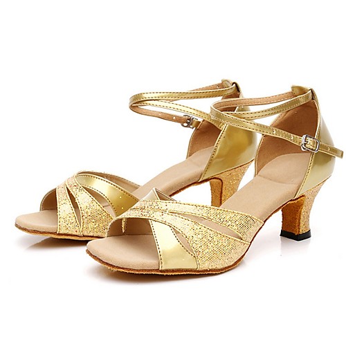 

Women's Latin Shoes PU Heel Cuban Heel Dance Shoes Gold / Blue / Silver