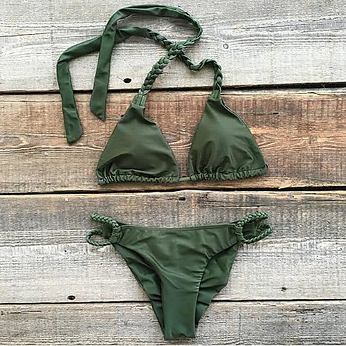

Women's Basic Army Green Halter Cheeky Bikini Swimwear Swimsuit - Solid Colored Lace up S M L Army Green