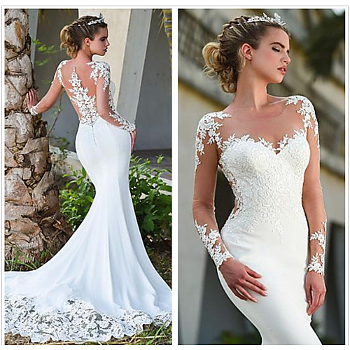 

Mermaid / Trumpet Jewel Neck Court Train Lace Long Sleeve Formal / Casual / Vintage Illusion Sleeve Wedding Dresses with 2020