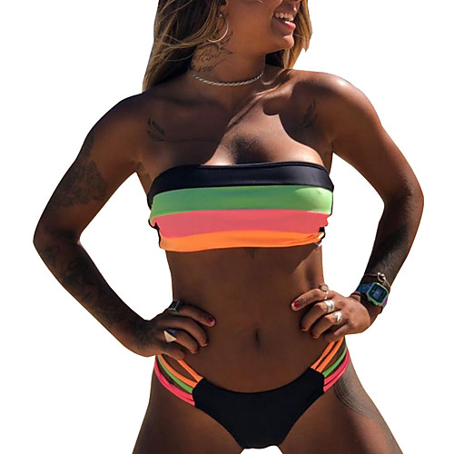 

Women's Sporty Basic Black Blushing Pink Orange Bandeau Cheeky Tankini Swimwear Swimsuit - Striped Color Block Print S M L Black