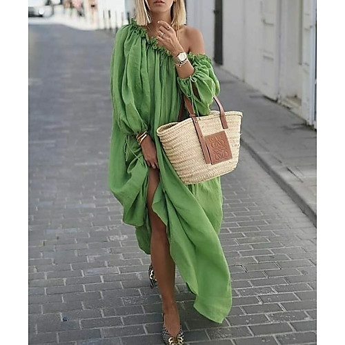 

Women's Maxi Green Dress Loose Solid Color Off Shoulder M L Loose