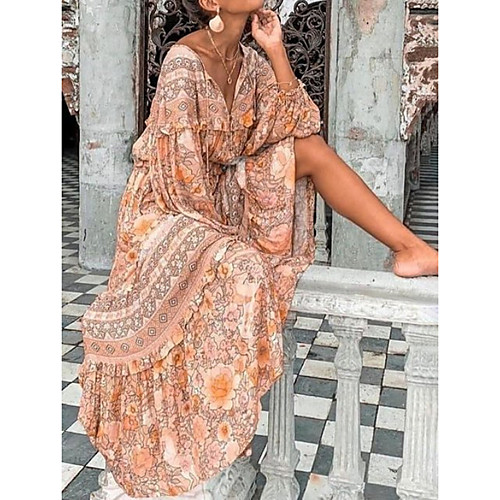 

Women's Maxi Blushing Pink Dress Shift Geometric V Neck S M Loose
