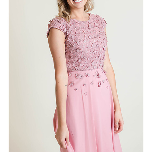 

Sheath / Column Jewel Neck Knee Length Chiffon / Lace Short Sleeve Elegant Mother of the Bride Dress with Lace / Appliques / Ruching Mother's Day 2020