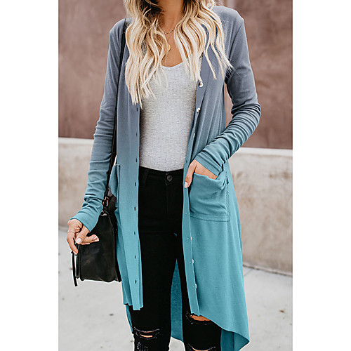 

Women's Daily Basic Fall / Winter Long Trench Coat, Color Block Collarless Long Sleeve Polyester Patchwork Purple / Blue / Gray