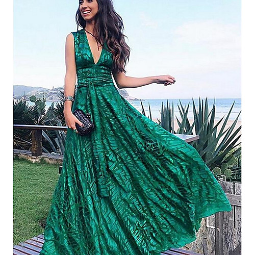 

Women's Maxi Green Dress Swing Solid Colored Deep V S M