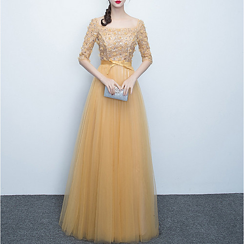 

A-Line Scoop Neck Floor Length Polyester Sparkle / Gold Prom / Formal Evening Dress with Bow(s) / Sequin / Appliques 2020