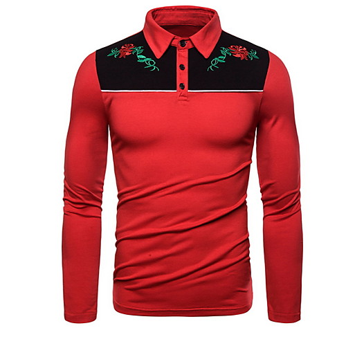 

Men's Daily Polo - Floral Embroidered / Patchwork Shirt Collar Black / Long Sleeve