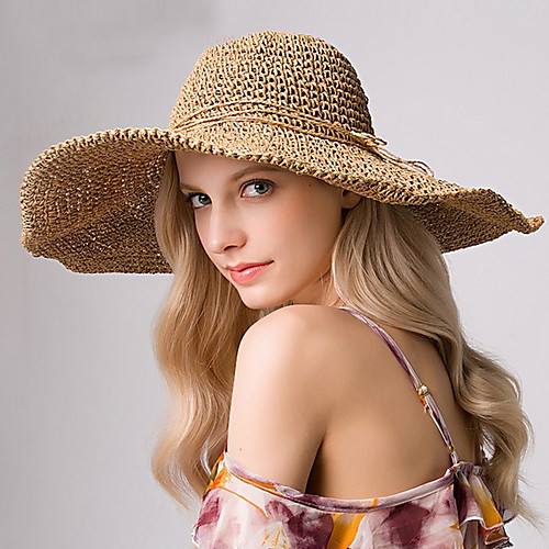 

Women's Basic Straw Sun Hat-Solid Colored Light Brown Beige