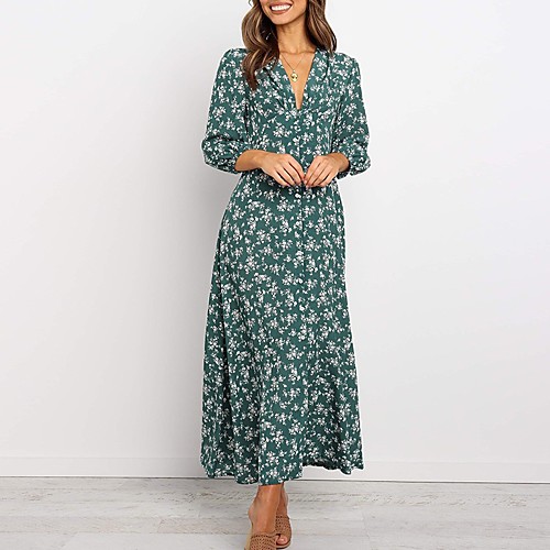 

Women's Green Blue Dress Swing Print V Neck S M