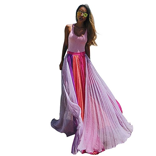 

Women's Maxi Purple Dress Swing Color Block U Neck S M