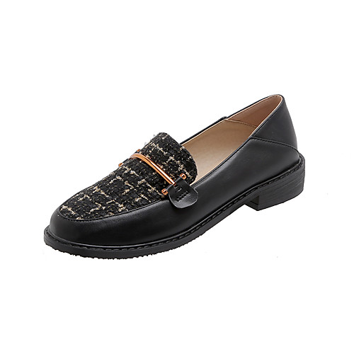 

Women's Flats Chunky Heel Round Toe Linen / PU Casual Spring & Fall Black / Almond / Color Block