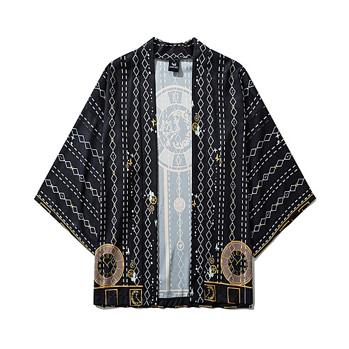 

Men's Daily Kimonos Shirt - Geometric Print V Neck Black