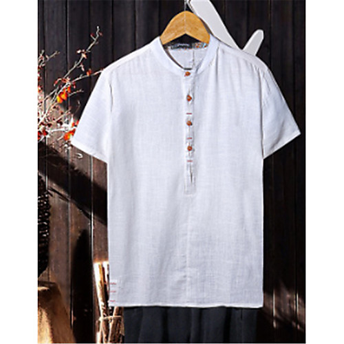 

Men's Daily Weekend Chinoiserie Linen Slim Shirt - Solid Colored Basic Standing Collar Khaki / Summer / Short Sleeve