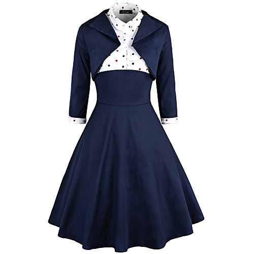 

Audrey Hepburn Retro Vintage 1950s Wasp-Waisted Dress Women's Cotton Costume Ink Blue Vintage Cosplay Party Daily Wear Long Sleeve Midi / Top / Top