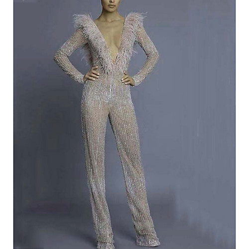 

Jumpsuits V Neck Floor Length Polyester Sparkle Formal Evening / Holiday Dress with Sequin 2020