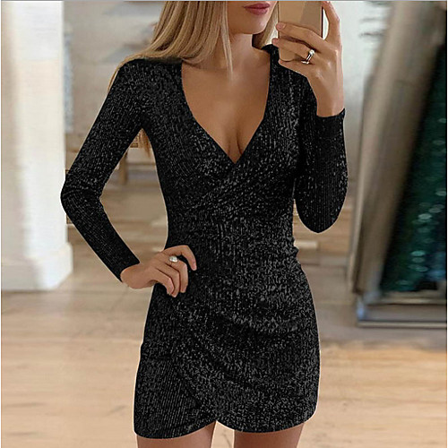 

Women's Mini Sheath Dress - Long Sleeve Solid Colored V Neck Elegant Slim Wine Black Purple Yellow Blushing Pink Gold Green Silver Gray S M L XL XXL XXXL