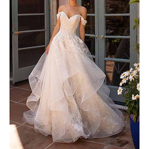 

A-Line Strapless Court Train Polyester Short Sleeve Formal Illusion Detail Wedding Dresses with Lace Insert / Appliques 2020