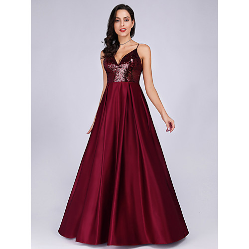 

A-Line Spaghetti Strap Floor Length Satin Sparkle / Red Prom / Formal Evening Dress with Sequin 2020