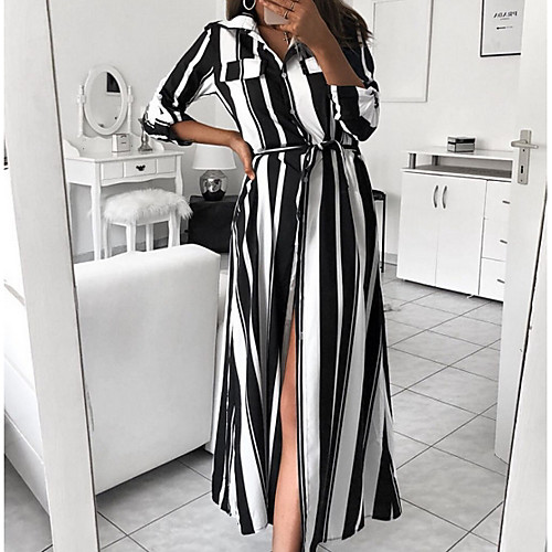 

Women's Maxi Red Black Dress Elegant Shift Striped Shirt Collar S M Loose