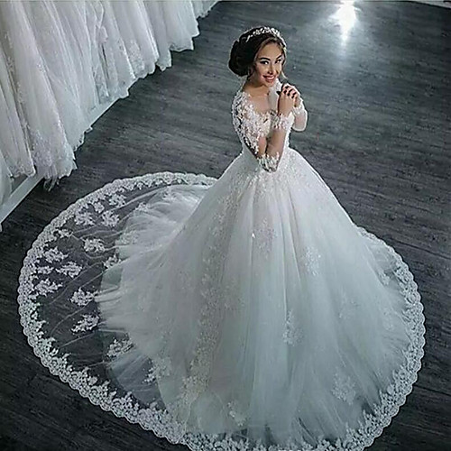 

A-Line High Neck Court Train Lace Long Sleeve Country / Glamorous Backless / Illusion Sleeve Wedding Dresses with 2020 / Bishop Sleeve