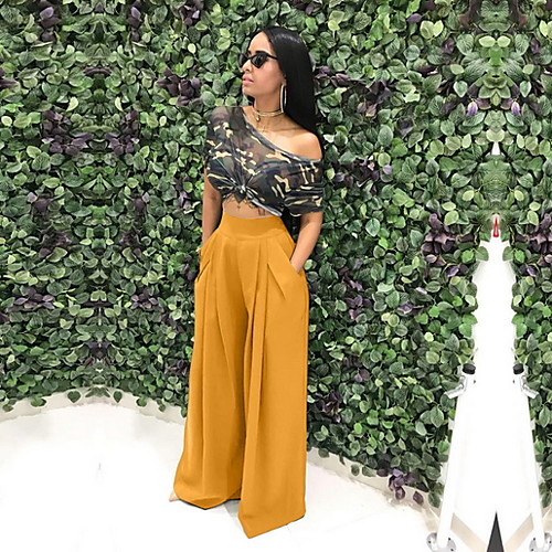 

Women's Basic Wide Leg Pants - Solid Colored Wine Army Green Yellow S M L