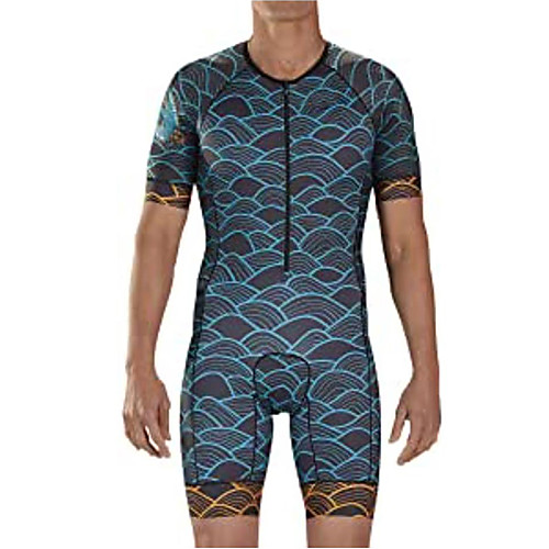 

21Grams Men's Short Sleeve Triathlon Tri Suit Blue Stripes Geometic Bike Clothing Suit UV Resistant Breathable 3D Pad Quick Dry Sweat-wicking Sports Stripes Mountain Bike MTB Road Bike Cycling