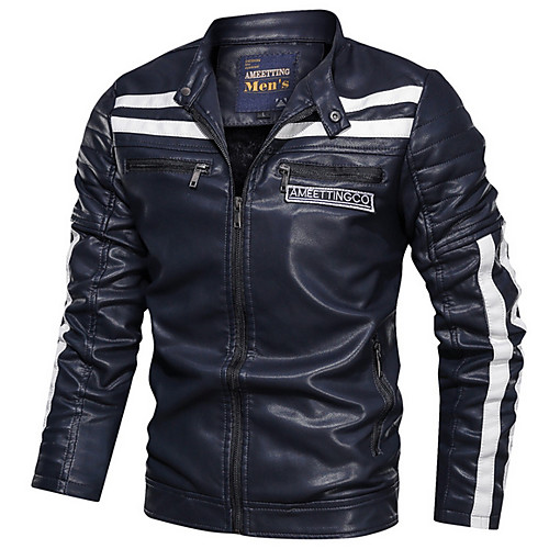 

Men's Daily Fall & Winter Regular Leather Jacket, Color Block Stand Long Sleeve PU Black / Blue / Red