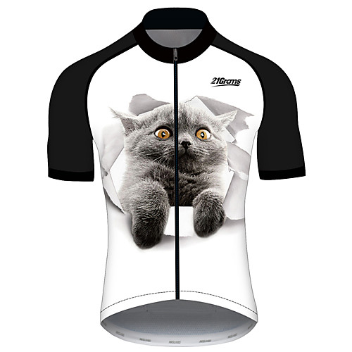 

21Grams Men's Short Sleeve Cycling Jersey Black / White Cat Animal Bike Jersey Top Mountain Bike MTB Road Bike Cycling UV Resistant Breathable Quick Dry Sports Clothing Apparel / Stretchy / Race Fit