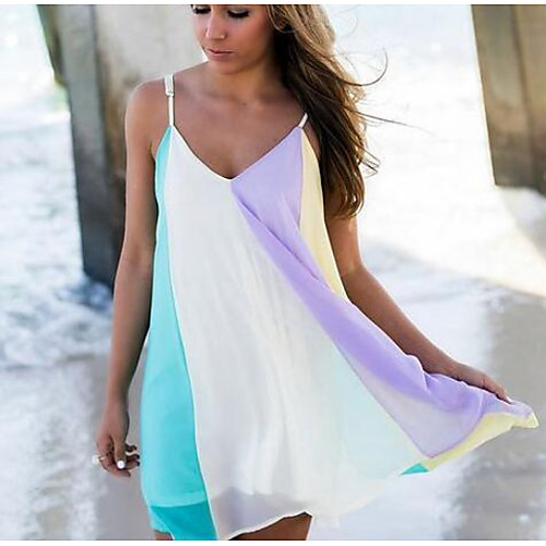 

Women's 2020 Mini Rainbow Dress Elegant Spring & Summer Shift Sundress Color Block Strap XS S Slim
