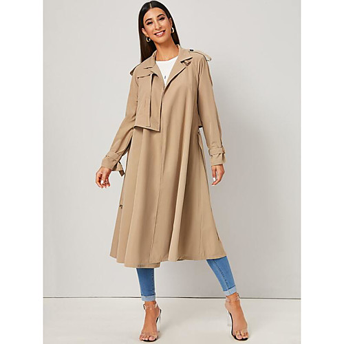 

Women's Holiday / Going out Basic Fall & Winter Long Trench Coat, Solid Colored Sun Flower V Neck Long Sleeve Faux Linen Beige