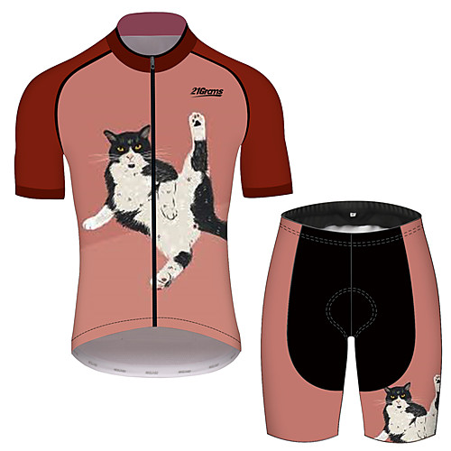 

21Grams Women's Short Sleeve Cycling Jersey with Shorts Black / Red Cat Animal Bike Clothing Suit Breathable 3D Pad Quick Dry Ultraviolet Resistant Reflective Strips Sports Cat Mountain Bike MTB Road