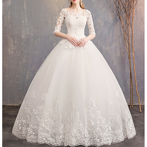 

Ball Gown Jewel Neck Court Train Lace / Tulle Half Sleeve Country Plus Size / Illusion Sleeve Wedding Dresses with Lace Insert 2020