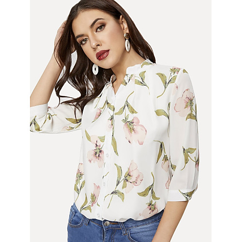 

Women's Daily Basic Shirt - Floral Print White