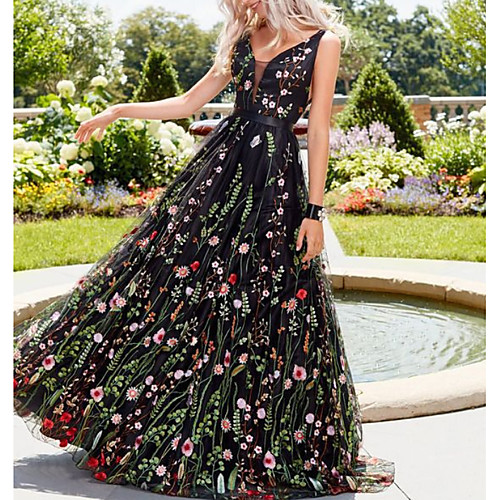 

A-Line V Neck Floor Length Polyester Floral Engagement / Prom / Wedding Guest Dress with Appliques 2020