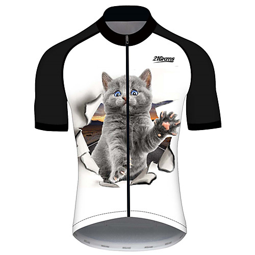 

21Grams Men's Short Sleeve Cycling Jersey Black / White Cat Animal Bike Jersey Top Mountain Bike MTB Road Bike Cycling UV Resistant Breathable Quick Dry Sports Clothing Apparel / Stretchy / Race Fit