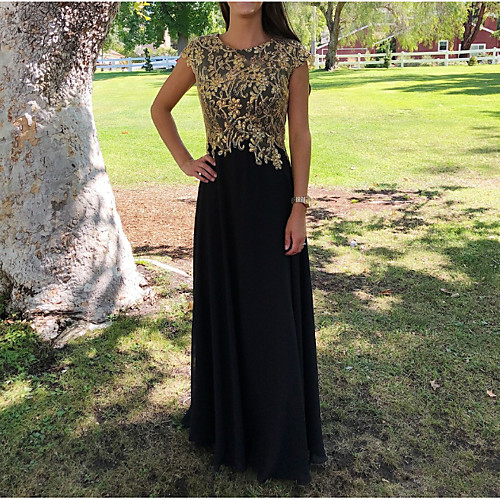 

Sheath / Column Jewel Neck Floor Length Chiffon / Lace Short Sleeve Elegant Mother of the Bride Dress with Appliques / Ruching Mother's Day 2020