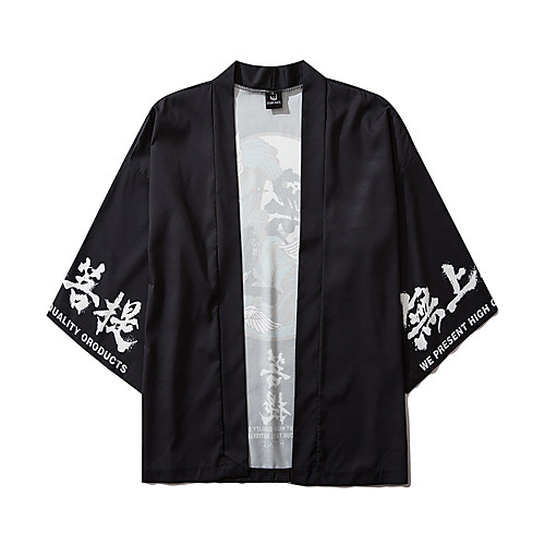 

Men's Daily Kimonos Shirt - Letter Print V Neck Black