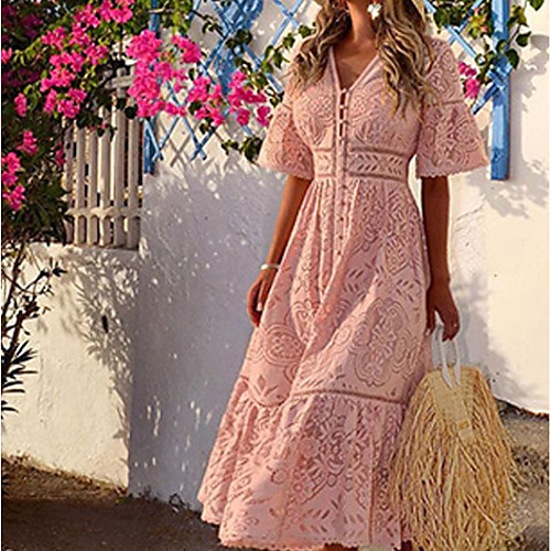 

Women's Blushing Pink White Dress Sheath Solid Color V Neck S M