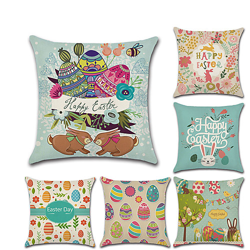 

6 pcs Linen Pillow Cover Happy Rabbit Egg Holiday Cartoon Traditional Christmas Throw Pillow 4545 cm