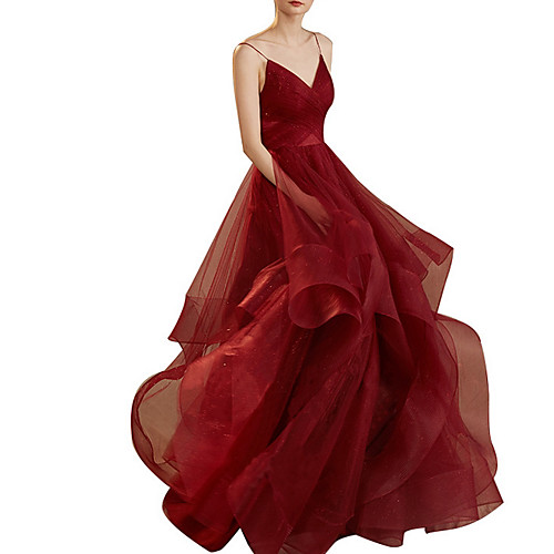 

A-Line V Neck Floor Length Tulle Sleeveless Romantic Plus Size / Red Wedding Dresses with Cascading Ruffles 2020