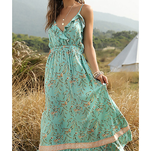 

Women's Maxi Green Beige Dress Swing Geometric Strap S M Slim