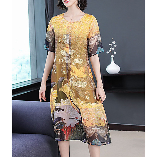

Women's Yellow Dress Shift Floral M L Loose