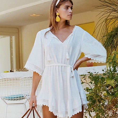 

Women's White Dress A Line Solid Color V Neck One-Size