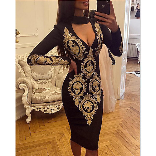 

Women's Black Dress Sheath Geometric V Neck S M Slim