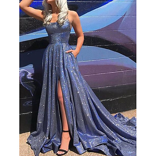 

A-Line Scoop Neck Court Train Polyester Celebrity Style / Blue Prom / Formal Evening Dress with Split 2020