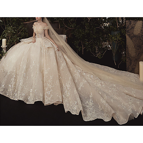 

Ball Gown Off Shoulder Watteau Train Lace Short Sleeve Formal / Romantic Wedding Dress in Color Wedding Dresses with Lace Insert 2020