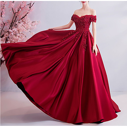

A-Line Off Shoulder Sweep / Brush Train Lace / Satin Sexy / Red Engagement / Formal Evening Dress with Beading / Pleats 2020