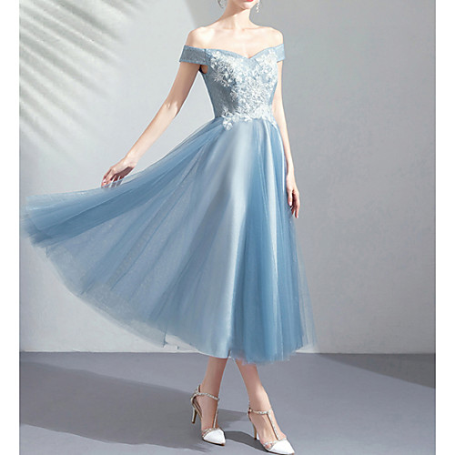 

A-Line Off Shoulder Tea Length Tulle Bridesmaid Dress with Appliques